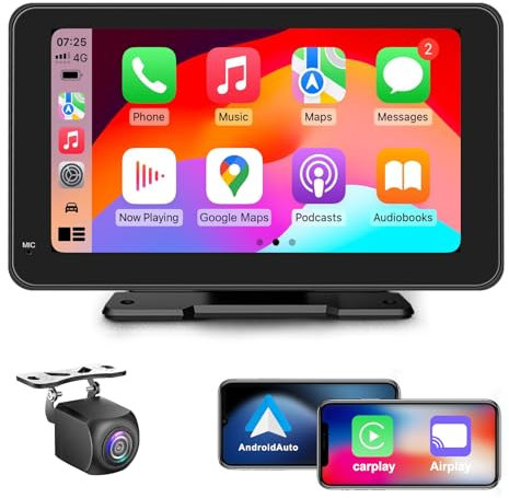 WSRADIOKITS Senza Fili Autoradio, Wireless A-pple Carplay & Android Auto Portatile, 7 Pollici Stereo Auto HD Touch Screen, Mirror Link, GPS Navigation, FM, Siri, AUX, Airplay, Telecamera posteriore