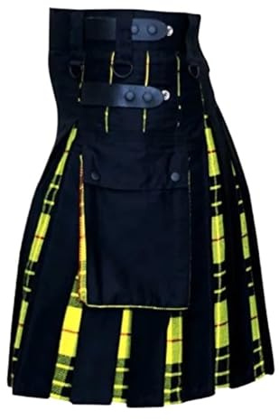 MTKSFDC Kilt escocés Kilts utilitarios Escoceses híbridos de algodón y tartán Negros, de Talla Grande, con Correas de Cuero for Hombre(Yellow,M)