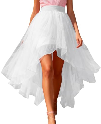 Damen Tüllrock Vokuhila Tutu Rock Asymmetrisch Lang & Regenbogen Bunt - Mehrlagig Ballett Unterrock für Karneval Fasching Halloween Party Kostüm 80er Jahre Outfit Festlich