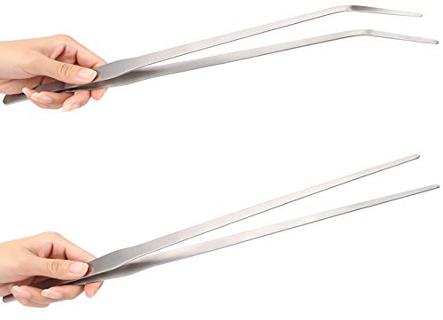 Long Tweezers for Aquarium 15 inch - 2 Pcs Stainless Steel Reptile Feeding Tongs, Curved and Straight Design with No Slip Tips,Terrarium Aquascape Tools Snake Bearded Dragon Tank Accessories