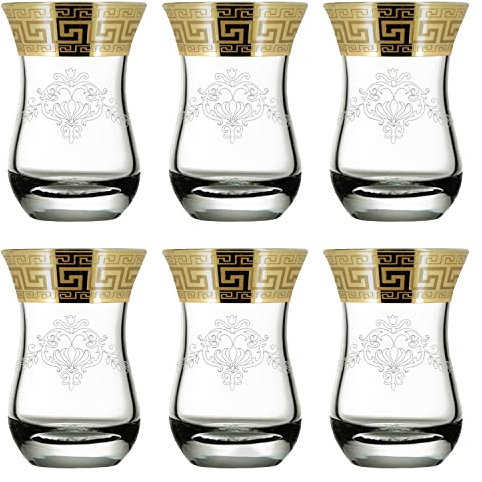 Turkish Tea Cups Set of 6 with Gold Rim/Oriental Traditional Clear Tea Glasses/Arabic Tea Cups/Green Herbal Tea/Expresso Shot (6 Piece) Gift Set - 100ml 10cl (Baroque Ornament)