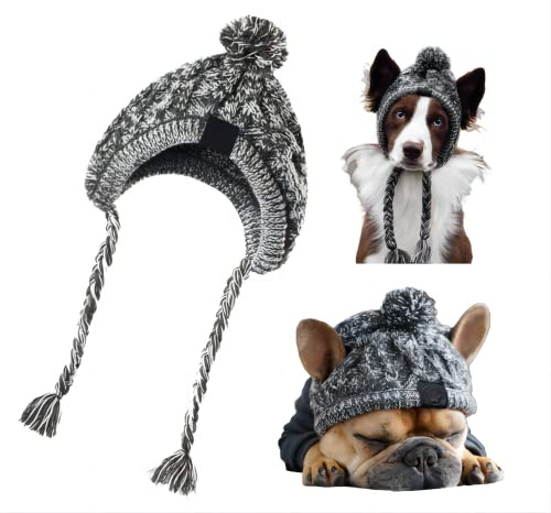 FainFun Bonnet Moelleux d'Hiver pour Chiens - Chapeau Tricoté Chaud et Pelucheux avec Longue Tresse - Gris (M)