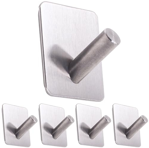 RICOO 5 x Edelstahl Haken selbstklebend MH021-5 Klebehaken Badezimmer Handtuchhaken ohne Bohren Kleiderhaken zum Kleben Badhaken Metallhaken zum Einhängen Badezimmerhaken Wandhaken Bad