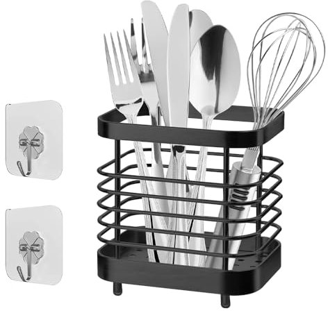 LPAMABA 1 Stück Utensilienhalter Edelstahl Küchenutensilienhalter Küchenutensilien Aufbewahrung Metall Besteckhalter Besteckkorb Edelstahl für Essstäbchen Messer Gabel Essstäbchen Schwarz Mit 2 Haken