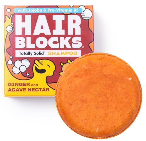 Hair Blocks - Solid Shampoo Bar (85g) for all hair types: Ginger & Agave Nectar Solid Shampoo Bar- with Jojoba oil & Provitamin B5 | Soap Free, Plastic Free | Plant Based | Natural | Conditioning