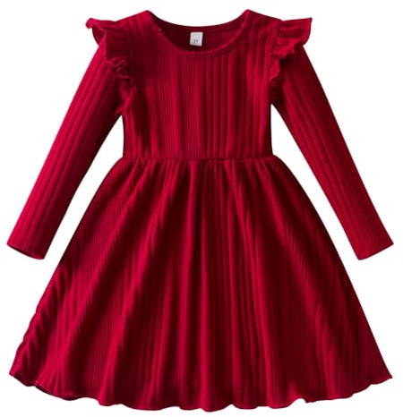 Vestito autunnale per bambine IBAKOM, a maniche lunghe, con ruches, in pizzo, a costine, in maglia elegante, vestito da principessa, vestito per feste di Natale, abiti per l'inverno, Rosso, 4 anni