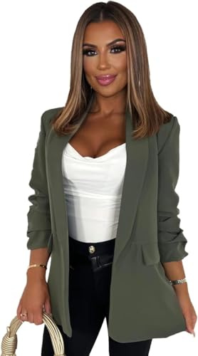 eyes Lined Blazers for Women Casual Long Ruched Sleeve Suit Plain Open Jackets Work Office Womens Coats Cardigan Suit Formal Jacket Top Solid Color Collar Italian Ladies Blazer Coats (Khaki, UK 8-10)