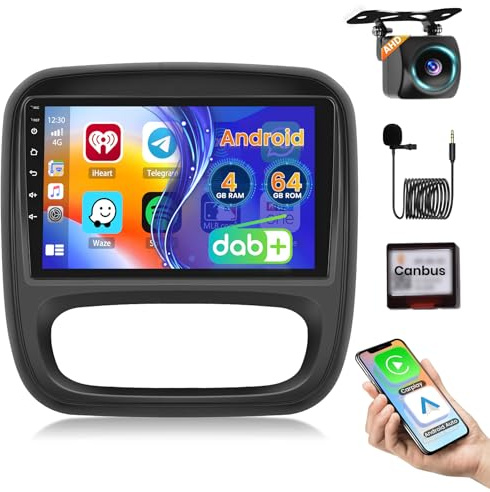 Roinvou Dab/Dab+ 4G+64G Android Autoradio pour Opel Vivaro B/Renault Trafic/Fiat Talento/Nissan NV300 Carplay/Android Auto, 9'' Écran Tactile Radio FM/RDS Bluetooth HiFi WiFi GPS SWC Caméra de Recul