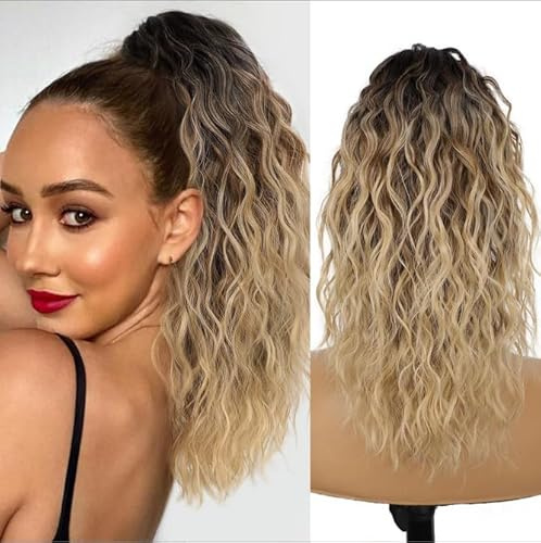 Greenmirr Extension Queue de cheval à Pince Griffe 18 Pouces pour Femmes Multi-Couches Volumineuse Épaisse Pince Cheveux Synthétiques Bouclés Ondulés (12-613 Ombre Marron Blonde)