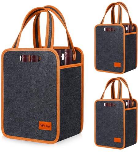 3 Pack Wine Tote Bag, 6 Bottle Insulated Thermal Padded Wine Carrier Reusable Grocery Tote Bags Portable Felt Beverage Organizer for Travel Camping, Picnic, Parties, Gifts (Brown, 9.5 x 7 x 13)