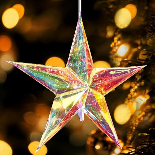 EASY JOY 60cm LED Weihnachtsstern Beleuchtet 5 Zacken Faltsterne Xum Aufhängen Schillernder 3D Stern Weihnachtsdeko Innen Weihnachtsdeko Fenster für Innen Außen Innenhof Balkon Und Garten