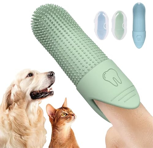 Plaque Off Pet Toothbrush 2-Pack, Dog & Cat Finger Toothbrush, 360° Soft Silicone Bristles for Plaque & Tartar Removal, Fresh Breath, Safe Puppy & Kitten Dental Care, Toothbrush for Dogs & Cats