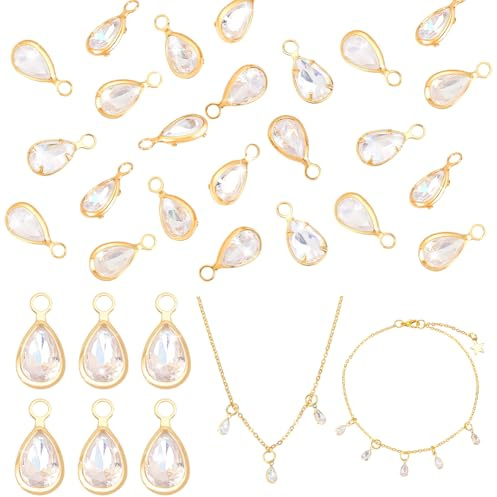 PH PandaHall 30 st mässing kubik zirkonia hänge gyllene klara tårformade berlocker strass charm smycken tillverkning material för gör-det-själv hantverk smycken tillverkning, 9x4.5x2.5mm, Mässing
