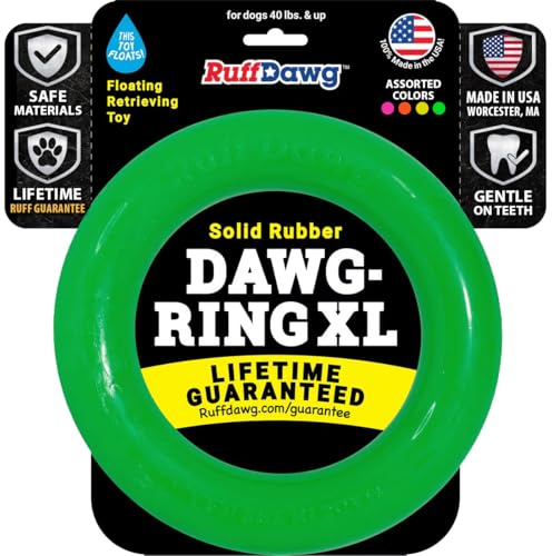 Ruff Dawg Indestructible Dawg-Ring XL 8” 1pc Color Varies – Heavy-Duty Solid Rubber Tug & Fetch Toy for Dogs 40 lbs & Up – Floats & Bounces – Made in USA