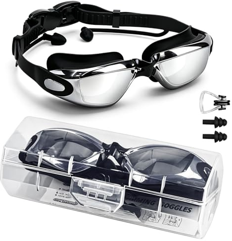 BD-Herego Occhialini da nuoto elettrolitici anti appannamento con cuscinetto in silicone, occhialini da nuoto per uomini e adulti, protezione UV, visione cristallina, include custodia protettiva, clip
