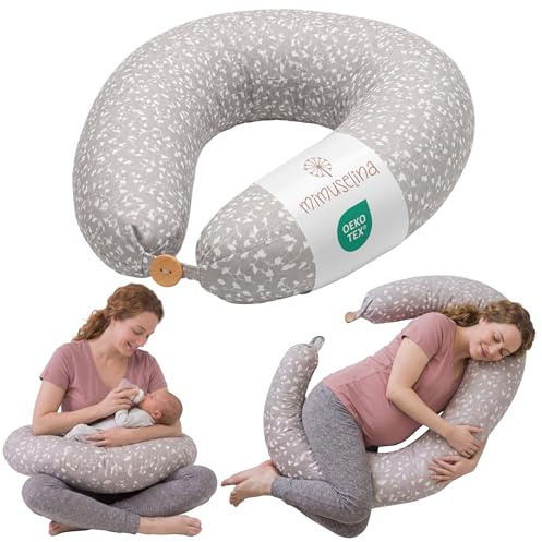 MIMUSELINA Cuscino Allattamento e Gravidanza 100% Cotone | Extra Grande e Morbido 200 x 70 cm | Cuscino Gravidanza, Allattamento e Nido Neonato | Fodera Sfoderabile e Lavabile | Grigio con Fiori