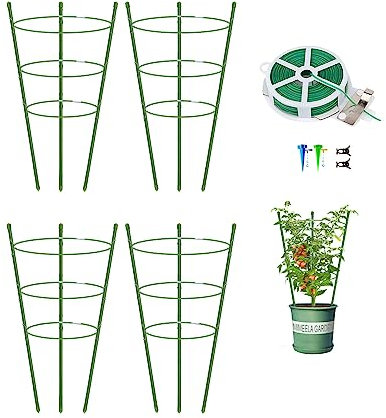Paquete de 4 jaula de tomate para plantas trepadoras, enrejado de 24 pulgadas para plantas trepadoras, kits de enrejado de plantas con 4 estacas de riego automático y 20 clips para plantas