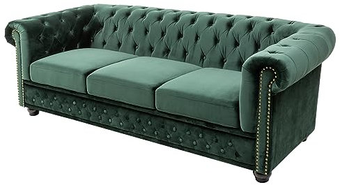 Riess Ambiente Chesterfield 3er Sofa 205cm flaschengrün Samt mit Knopfheftung und Federkern Dreisitzer 3-Sitzer Couch