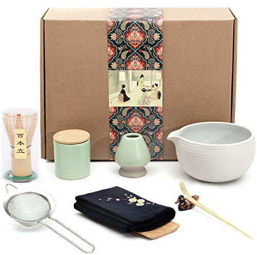 Artcome Juego de té matcha japonés, cuenco matcha con boquilla de vertido, batidor matcha, organizador de polvo matcha, kit de ceremonia matcha hecho a mano para ceremonia de té japonés (9 piezas)