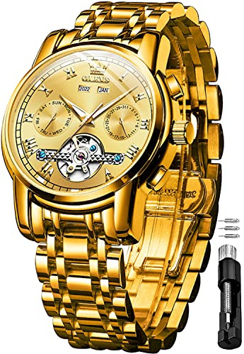 OLEVS Orologio automatico da uomo a carica automatica, meccanico, impermeabile, cinturino in acciaio inox, orologio da polso classico tourbillon, Oro Pieno, Bracciale