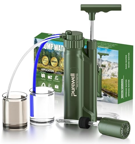 Purewell Water Hand Purifier Pump with Replaceable Carbon 0.01 Micron Water Filter, 4 Filter Stages, Portable Outdoor Emergency and Survival Gear - Camping, Hiking, Backpacking((Green-1，RO))