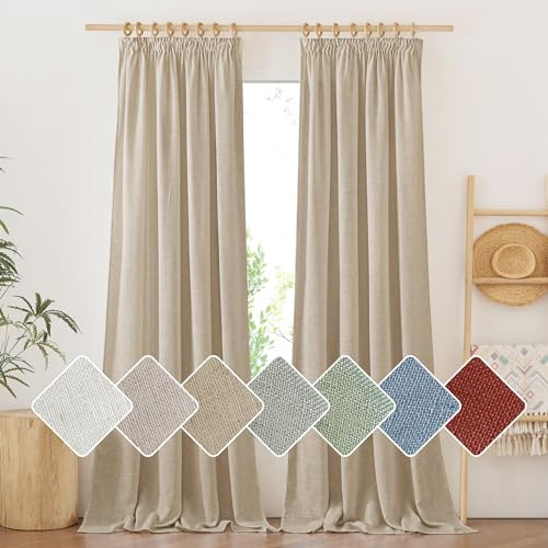PONY DANCE Leinengardine für Schiene Wohnzimmer Vorhänge Leinen Kräuselband 2er Set H 245 x B 140 cm Khaki, Halbtransparente Gardinen Leinenoptik Boho Semi-Sheer Curtains for Bedroom