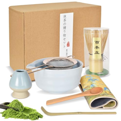 7 Piezas Juego de Té Matcha, Set de Matcha de Cerámica, Kit Artesanal para Preparar Matcha Con Cuenco, Batidor, Soporte, 2 Cuchara, Paño de Cocina de Algodón, Colador, Regalo para Amantes del Matcha