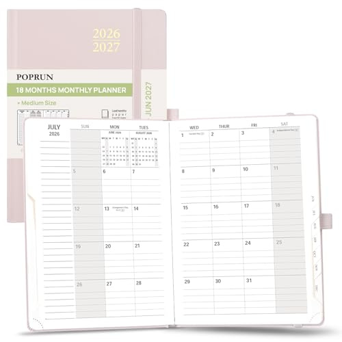 POPRUN Monthly Planner 2026-2027, Medium-6.25'' x 8.5'', 18-Month Calendar Book (Jan.26 - Jun.27), Calendar Planner with Monthly Tabs, Storage Pocket, Hardcover, 100 GSM Paper - Light Pink