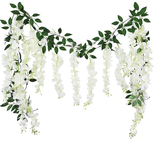 LINDADECOR 2Pcs 2.2M Artificial Flowers Decoration, Fake Flowers Artificial Wisteria Vine Garland For Ceremony Home Garden Wall Backdrop Wedding Christmas Party Decoration (White)
