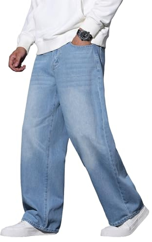 QGRSWBC Mens Baggy Jeans Loose Fit Denim Jeans Wide Leg Hip Hop Pants Y2K Skater Trousers Streetwear Blue L