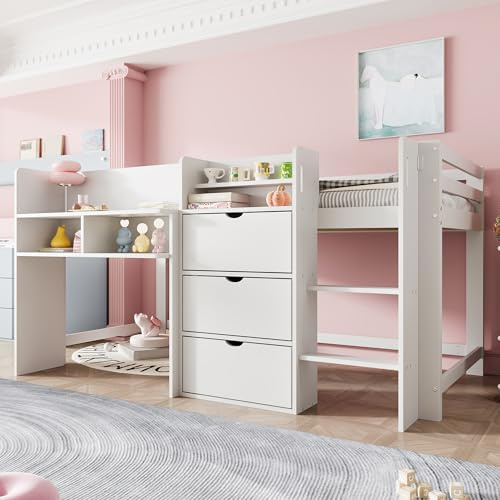 Merax Kinderbett 90x200 cm Funktionsbett Hochbett mit Stauraum, Entertainment-Bereich unter dem Bett - Holzbett mit Lattenrost, Leiter und Rausfallschutz, Kiefer massivholz, ohne Matratze, Weiß