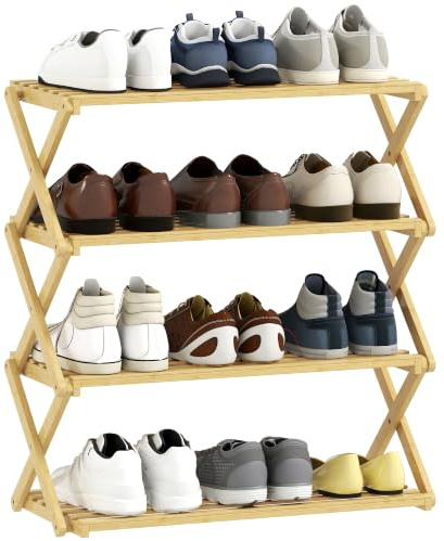 HOMCOM Schuhregal mit 4 Ebenen, Schuhablage aus Bambus, Schuhständer, Natur | Für Bis Zu 12 Paar Schuhe, Schuhaufbewahrung, Schuhschrank, Schuh-Organizer, Eingang, Flur, Platzsparend