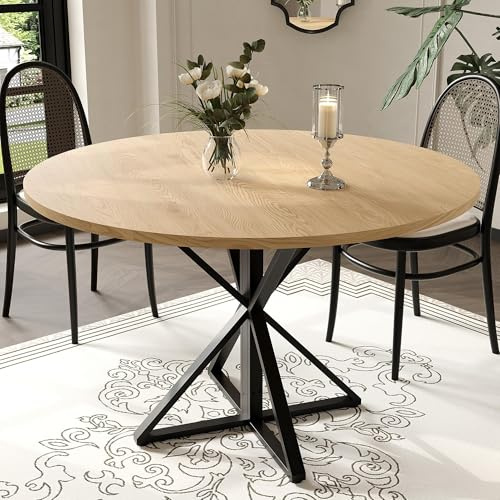 Niwugady Runder Esstisch 120cm für 4–6 Personen, Landhausstil Küchentisch mit Säulenfuß, Holz-Esszimmertisch für Feiertags & Familienfeiern in Küche & Esszimmer-Naturholz, Naturholzfarbe