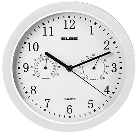Elbe Reloj de pared con termómetro e higrómetro, mide temperatura y humedad, 25 cm de diámetro, marco de panel blanco, funciona con pilas, aplicable