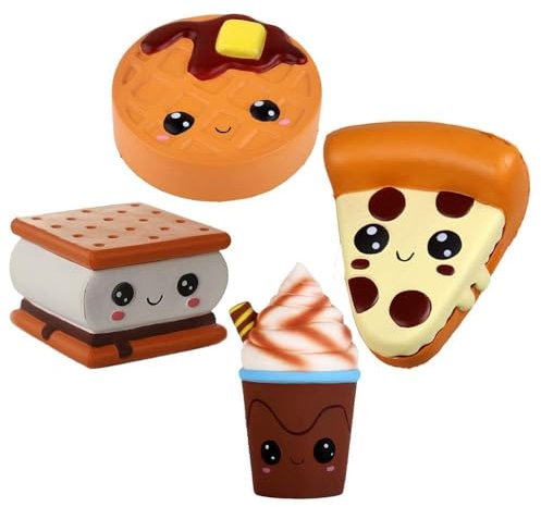 Anboor 4 Pcs Squishies Smore Waffle Cake Pizza Coffee Cup Kawaii Scented Soft Slow Rising Squeeze Stress Relief Kids Toy Valentines Day Gifts
