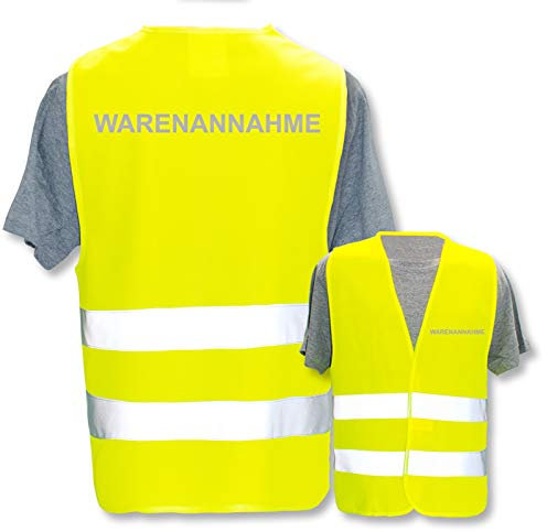 Bedruckte Marken-Warnwesten mit Leuchtstreifen * Standard- o. Reflex-Druck * Lager & Logistik, Farbe + Größe:Gelb (XL/XXL), Warnweste Begriffe Lager:Warenannahme (Reflektierend)