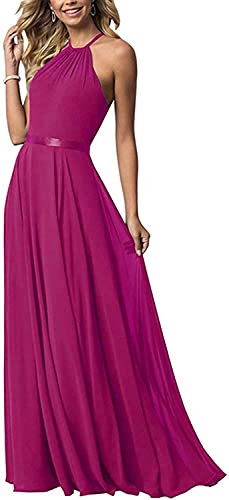 N/ C Vestido largo de gasa para dama de honor, vestido de fiesta de graduación, vestido de noche para mujer, fucsia, 36