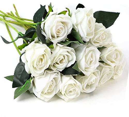FINGOOO 12pcs Artificial Roses, 11.8” Single Stem Fake Rose Silk Faux Flowers Wedding Bouquet Realistic Flower for Valientines Decorations, White
