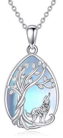 YAFEINI Collana in argento Sterling S925 con ciondolo a forma di albero della vita con pietra di luna, gatto, lupo, gufo, volpe, assolotl, colibrì, angelo, pietra di luna, gioiello per donne e
