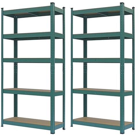 Brigros - Set Scaffali In Metallo 150x75x30cm Portata Totale 875 Kg, 5 Ripiani MDF, Carico Per Ripiano 175 Kg Scaffale Salvaspazio Per Garage, Officina, Cantina, Magazzino (Verde)