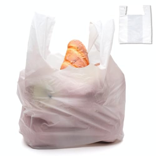 Clearly Premium White Plastic Carrier Bags with Handles, Recycled Polythene Vest Style Bags Large 11 x 17 x 21 Strong Heavy Duty 21mu Carry Bags for Vegetables, Fruits, Groceries, Shopping (1000)
