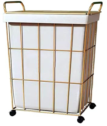 Wäschewagen mit Rollen Faltbare Wäschekörbe mit Griff Rollbarer Drahtkorb mit Herausnehmbarem, Waschbarem Innenfutter 25kg Tragfähigkeit(Gold)