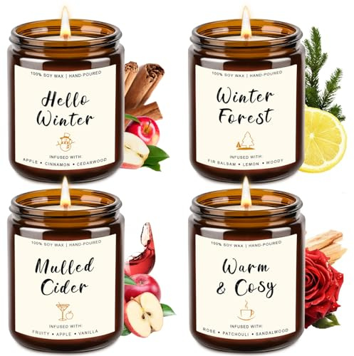 4 Pack Candles for Home Scented, 28oz Soy Candle Set, Scented Candles with Apple Cinnamon, Fir Balsam, Mulled Cider, Sandalwood – Holiday Candle Gifts for Women, Mothers, Galentines Day & Cozy Nights