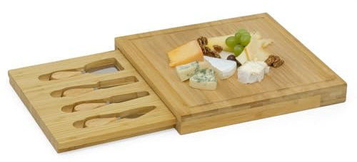 Carousel Home Bamboo Cheese Board with Knives Set | Cheese Platter Knife Set Wooden Serving Platter Set | Charcuterie Platter and Serving Meat Board -30x30cm