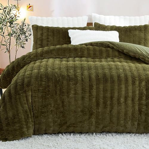Tospass Plüsch Bettwäsche 135x200 cm Dunkelgrün Flauschig Warm Winterbettwäsche Kunstfell Querstreifen Flanell Fleece Cashmere Touch Bettbezug mit Reißverschluss und 1 Kissenbezug 80x80cm