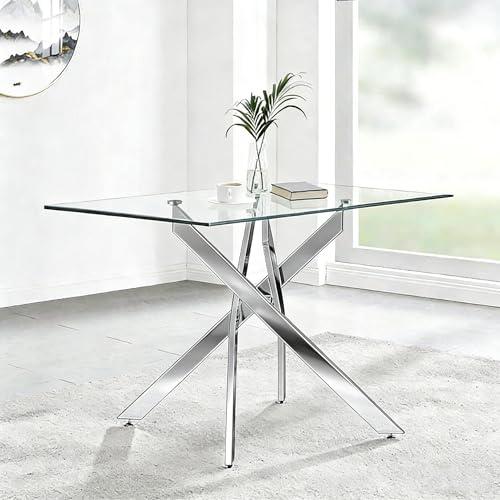 Glass Dining Table with Silver Chrome Legs for Kitchen & Dining Room,120cm