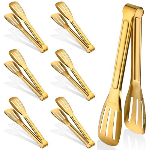 Akamino 6 Pcs Gold Food Serving Tongs, 7 Stainless Steel Kitchen Tongs with Non-Slip Handle, Metal Buffet Tong for Salad Dessert BBQ Appetizer, Home Party Use