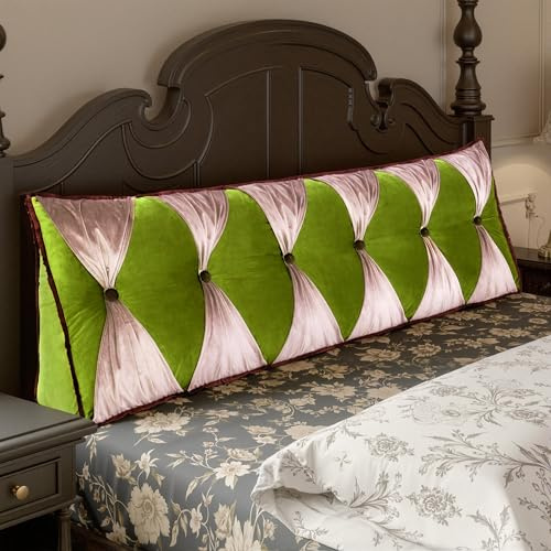 BNCKTRD Triangle Reading Pillow Wedge Headboard Pillow Backrest Back Support for Queen Size Sitting Up in Bed Padded Headboard Wall Cushion Velvet Cover Green with Pink