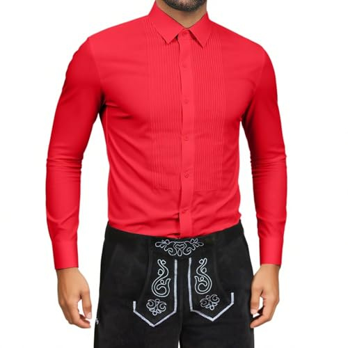 Camisa tradicional para hombre, manga larga, corte ajustado, cómoda, informal, transpirable, camiseta de manga larga, elegante, parte superior elástica, A2 rojo., S