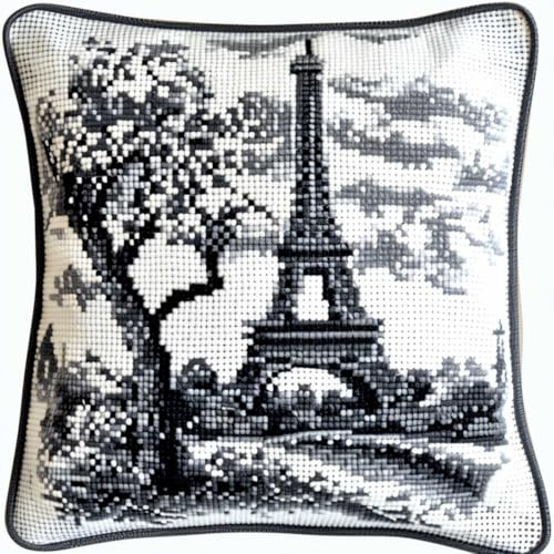 Henypt Coussin Point De Croix Paysage De Tour En Noir Et Blanc Coussin Brodé Avec Fil Et Aiguille À Broder Décoration Point De Croix Complet Broderie Pré-Imprimé Diy Pour Adulte La Chambre 45x45cm